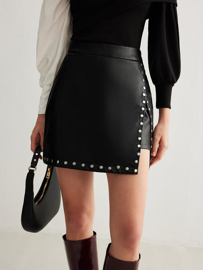 ISLEEN™  Slit Studded Faux Leather Mini Skirt |Galliano.Store™