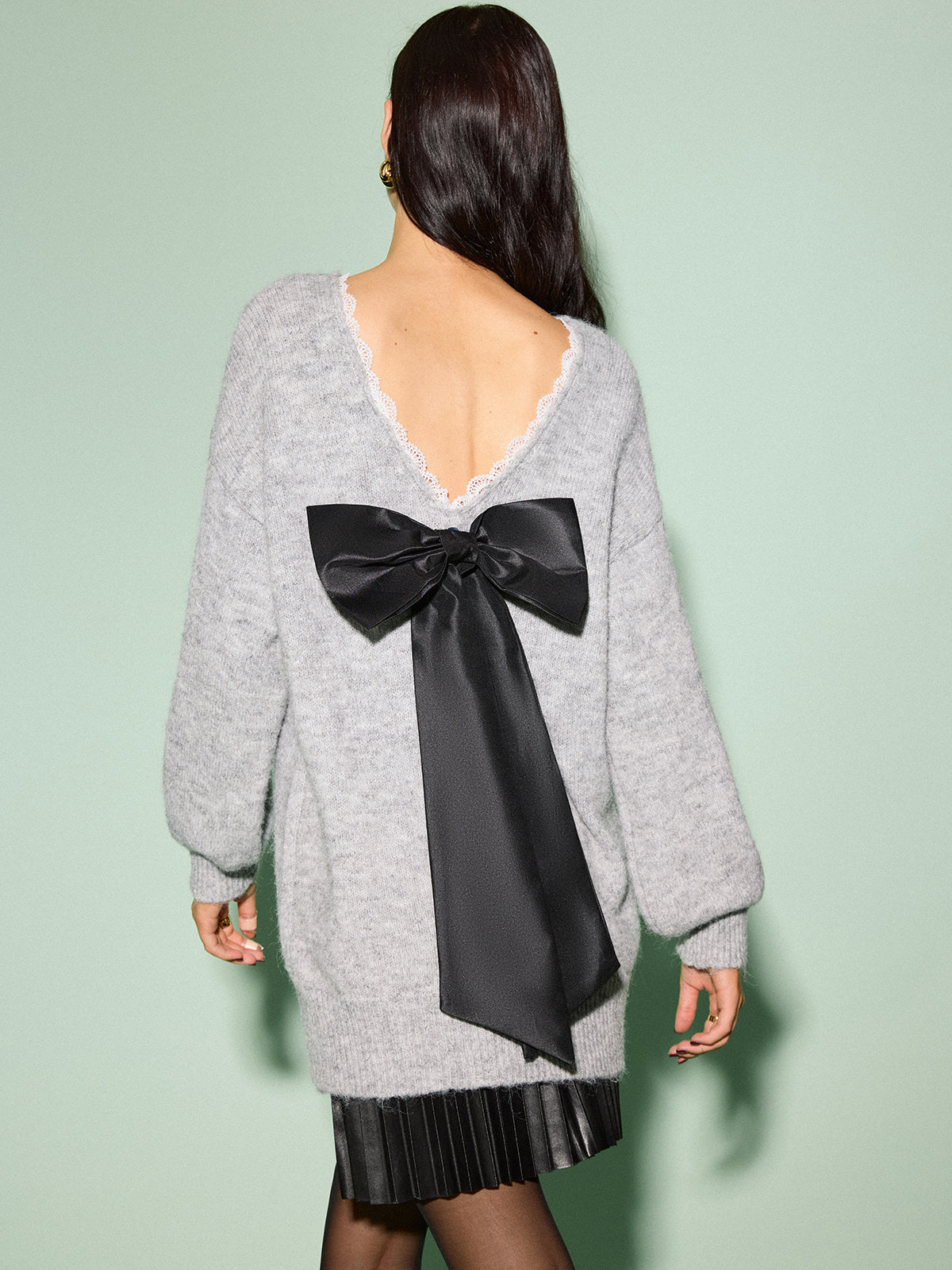 ENA™ Lace Trim Bow-Decor Draped Sweater|Galliano.Store™